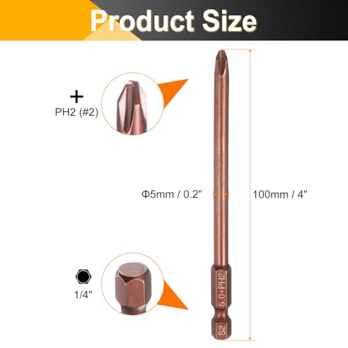 HARFINGTON 5pcs #2 Phillips Screwdriver Bit PH2 1/4" Hex Shank 4" (100mm) Long 0.2" Rod Magnetic Cross Head Drive Drill Bits S2 Steel Industrial Screw Driver Electric Power Tool, Brown - size: PH2 x 4" x 0.2"