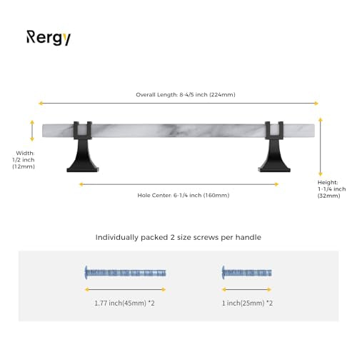 Rergy 10 Pack Cabinet Handles, White Marble & Matte Black Pulls, 6.25" - color: White Marble & Black, size: 6-1/4 inch (160mm) Hole Center