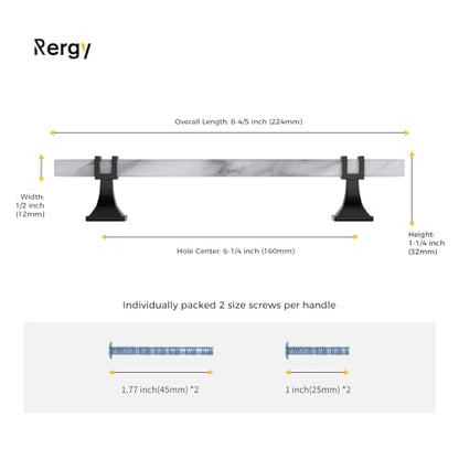 Rergy 10 Pack Cabinet Handles, White Marble & Matte Black Pulls, 6.25" - color: White Marble & Black, size: 6-1/4 inch (160mm) Hole Center