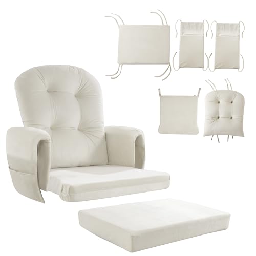 HOMBYS Glider Rocker Replacement Cushions 5 PCS with Storage Side Pocket, Velvet Fabric, Foam & Microfiber Filling, Non-Slip & Washable,Thickened & Supportive for Glider Rocking Chair - color: Cream White