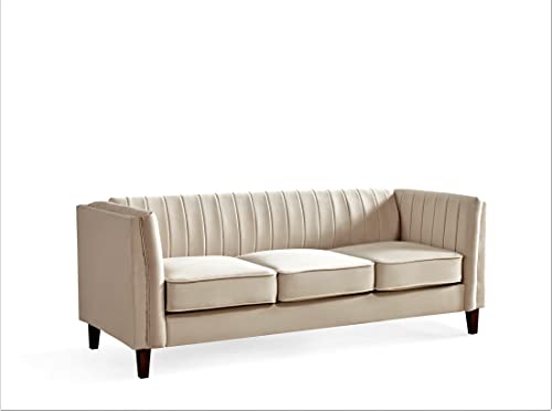 Container Furniture Modern Luxury Velvet Couch for Living Room with High Density Foam, Soft Fabric Upholstery, Removable Cushions and Solid Wood Legs, 83'' Wide 3 Seater Sofa, Beige - color: Khaki, size: Sofa