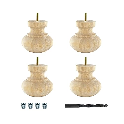 OUTWATER 4 in. H x 4 in. Dia Unfinished Solid Hardwood Bun Foot Leg for Furniture 4 Pack with 4 Free Insert Nuts and Drill Bit - color: Unfinished
