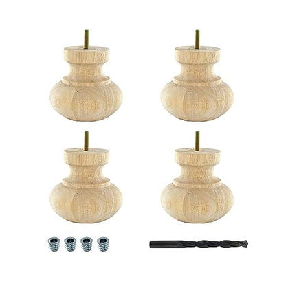 OUTWATER 4 in. H x 4 in. Dia Unfinished Solid Hardwood Bun Foot Leg for Furniture 4 Pack with 4 Free Insert Nuts and Drill Bit - color: Unfinished