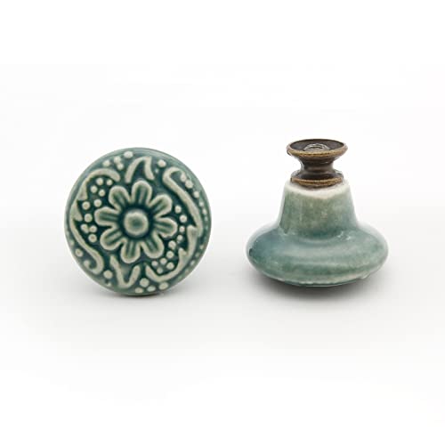 12 Pcs Ceramic Cabinet Knobs, 34mm/1.33 Inch Diameter Floral Ceramic Decorative Round Dresser Drawer Pulls Handles Single Knobs with Screws for Furniture Cabinet (Green)