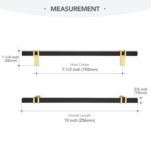 HOME EDIT 25 Pack 7-1/2 inch Cabinet Handles, Kitchen Cabinet Handles Matte Black and Gold Drawer Pulls Zinc Alloy Square Bar Kitchen Pulls - color: Black and Gold, size: 7-1/2 Inch Hole Center