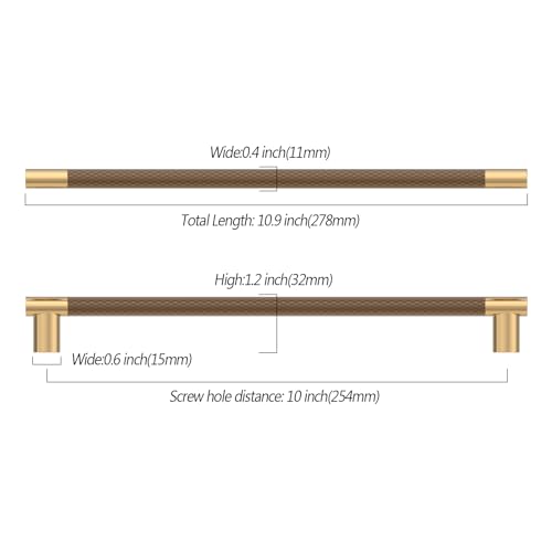 Asidrama 10 Pack 10 Inch(254mm) Knurled Brown and Champagne Bronze Kitchen Cabinet Handles, Gold Cabinet Pulls Kitchen Cabinet Hardware Cupboard Handles Drawer Pulls 4496A - color: Brown-Champagne, size: 10" Hole Center(254mm)