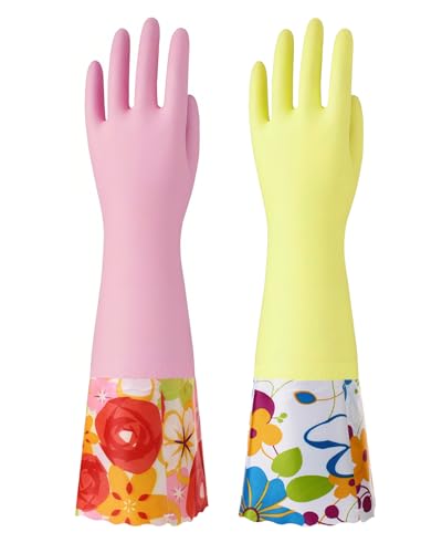 Bamllum 16-Inch Latex-Free Cleaning Gloves, Cotton Flocked Liner, Medium - color: Yellow+pink, size: Medium