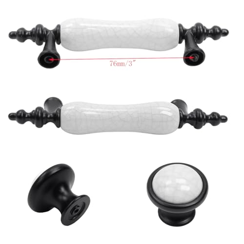 Set of 8 Black & White Ceramic Cabinet Pulls Antique Drawer Knobs