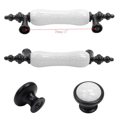 Set of 8 Black & White Ceramic Cabinet Pulls Antique Drawer Knobs