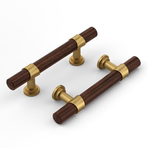 Haliwu 10 Pack 3 inch Hole Center Wood Grain and Gold Cabinet Pulls Gold Kitchen Hardware Handles 2 Tone Barrel Cabinet Drawer Pulls - color: Walnut Wood Grain& Matte Gold, size: 76mm (3 inch) Hole Center Spacing