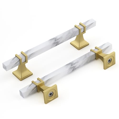 Rergy 10 Pack Cabinet Handles, White Marble & Matte Gold Pulls, 5" - color: White Marble & Matte Gold &Square, size: 5 inch (128mm) Hole Center