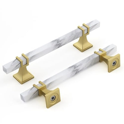 Rergy 10 Pack Cabinet Handles, White Marble & Matte Gold Pulls, 5" - color: White Marble & Matte Gold &Square, size: 5 inch (128mm) Hole Center