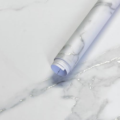 Marble Contact Paper White Peel and Stick for Kitchen Countertops - color: White and Silver, size: 31" x 157"