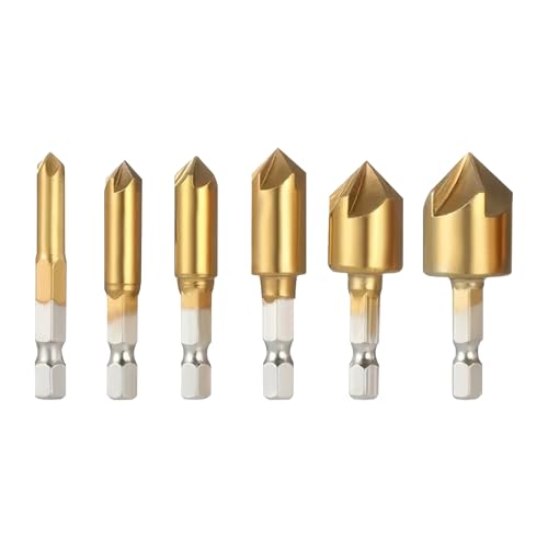 Countersink Drill Bit Set 6Pcs Titanium Coated Chamfer Bits with Hex Shank, 90-Degree 5-Flute Woodworking Metal Drilling Tool Kit for DIY Furniture Repair, Imperial Sizes 1/4 to 3/4 Inch