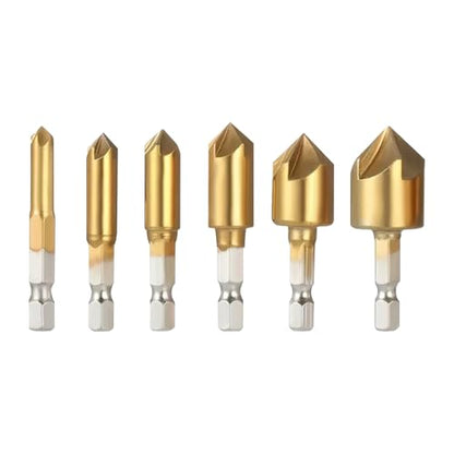 Countersink Drill Bit Set 6Pcs Titanium Coated Chamfer Bits with Hex Shank, 90-Degree 5-Flute Woodworking Metal Drilling Tool Kit for DIY Furniture Repair, Imperial Sizes 1/4 to 3/4 Inch