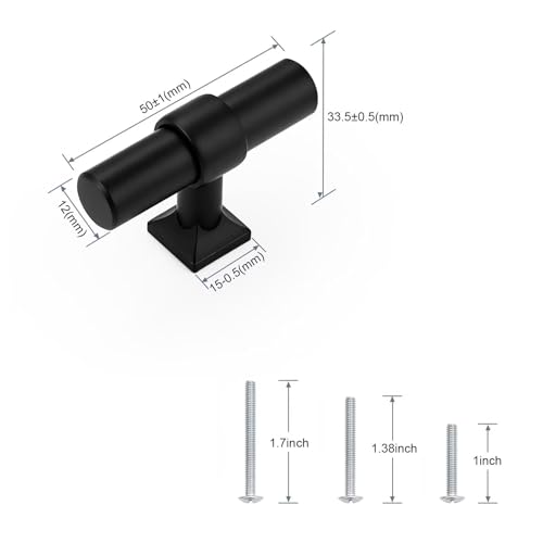 Matte Black Cabinet Knobs Single Hole T Bar Drawer Pulls 10 Pack - color: Black, size: Single Hole-2inch Length
