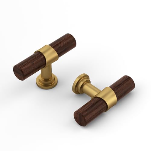 Haliwu 10 Pack Center Wood Grain and Gold Cabinet Knobs for Kitchen - color: Walnut Wood Grain& Matte Gold, size: T-Bar Knob