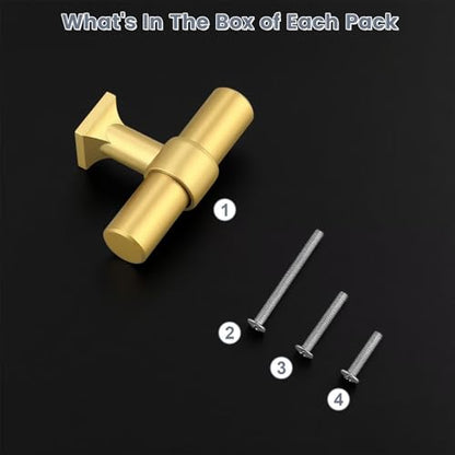 Brushed Brass Cabinet Knobs Single Hole T Bar 10 Pack - color: Brushed Brass, size: Single Hole-2inch Length
