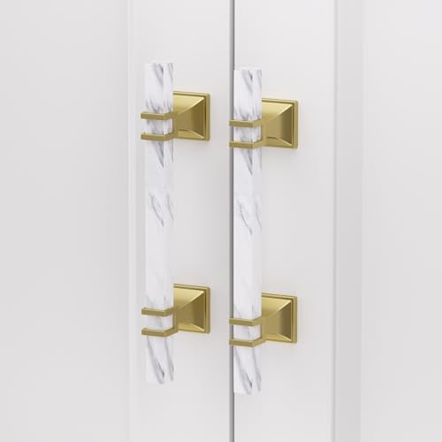 Rergy 10 Pack Cabinet Handles, White Marble & Matte Gold Pulls, 6.25" - color: White Marble & Matte Gold &Square, size: 6-1/4 inch (160mm) Hole Center