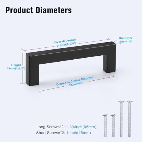 KNOBWELL 20 Pack| 4 inch Square Bar Drawer Handles Black, Kitchen Cupboard Handles Black Drawer Pulls Furniture Hardware Dresser Pull Handles - color: Matte Black, size: Hole Center:4 inch(102mm)