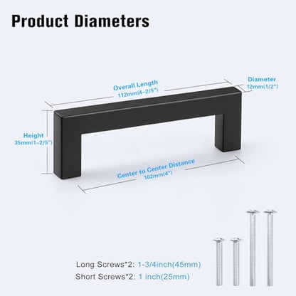 KNOBWELL 20 Pack| 4 inch Square Bar Drawer Handles Black, Kitchen Cupboard Handles Black Drawer Pulls Furniture Hardware Dresser Pull Handles - color: Matte Black, size: Hole Center:4 inch(102mm)