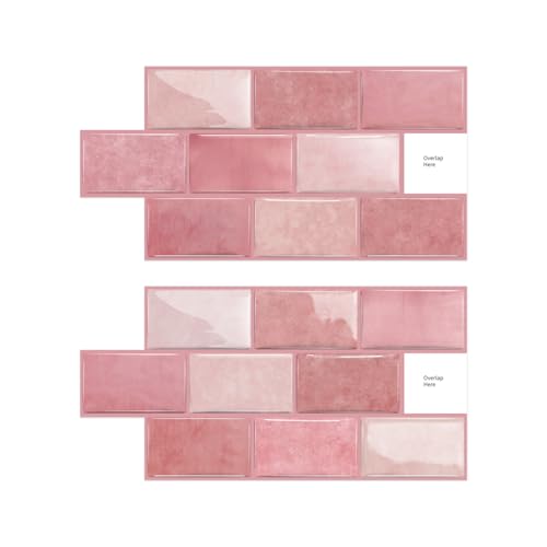 Alwayspon 6x12inchx10Pcs Self Adhesive Wall Tile Sticker, Peel and Stick Adhesive Waterproof Backsplash Stick on Tile Decals for Kitchen Bathroom Wall, Pink - color: Pink