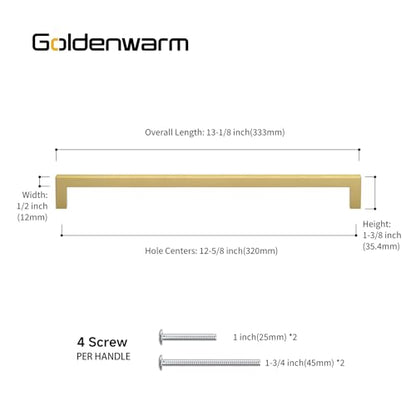 Goldenwarm Gold Cabinet Pulls Kitchen Cabinet Door Handle - LSJ12GD320 Brushed Brass Drawer Pulls 12-3/5 Inch Hole Center Modern Square Cupboard Handles Hardware Dresser Knobs 25 Pack - color: Gold, size: 12-3/5in Hole Centers