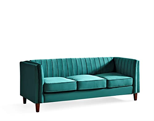 Container Furniture Direct Cavira Luxury Velvet Couch for Living Room with High Density Foam, Soft Fabric Upholstery, Removable Cushions and Solid Wood Legs, 83'' Wide 3 Seater Sofa, Green - color: Green, size: Sofa