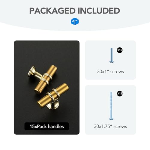 HOME EDIT Gold Cabinet Handles, T-Bar Single Hole, 15 Pack - color: Brushed Brass, size: Single Hole