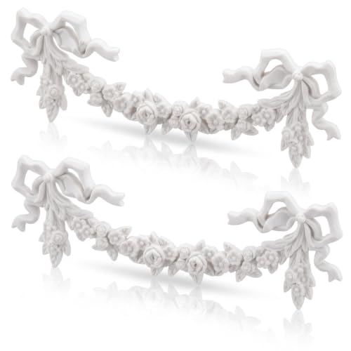 Roowest 2 Pcs Bow Carved Appliques Onlays White PVC Appliques for Furniture Decorative 3D Roses Carved Onlay DIY Decorative for Cabinet Dresser Bed Door Wall Wardrobe Ceiling - style: Bow