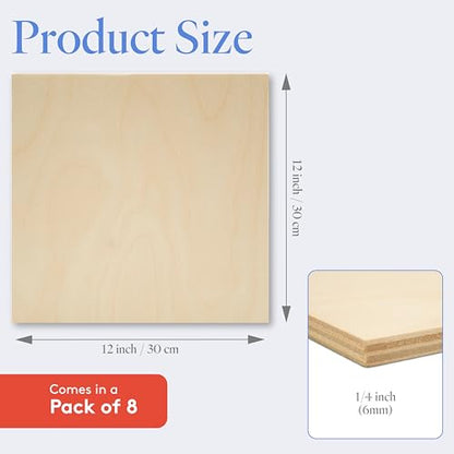 6 mm Baltic Birch Plywood 1/4 x 12 x 12 Inch, Box of 8 B/BB Grade Craft Wood, Stronger Than Basswood Sheets, for Laser, CNC Cutting and Wood Burning, by Woodpeckers