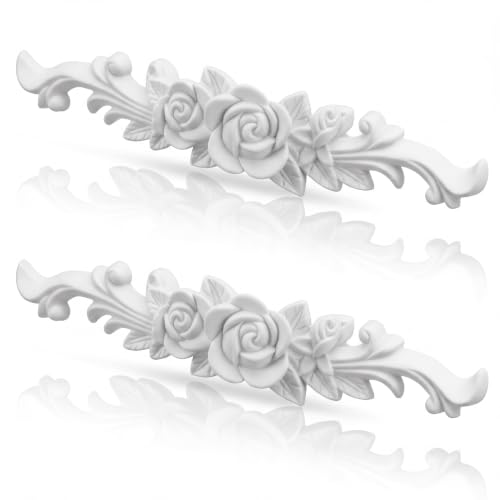 Roowest 2 Pcs Rose Carved Appliques Onlays White PVC Appliques for Furniture Decorative 3D Roses Carved Onlay DIY Decorative for Cabinet Dresser Bed Door Wall Wardrobe Ceiling - style: Rose