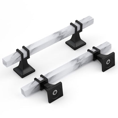 Rergy 10 Pack Cabinet Handles, White Marble & Matte Black Pulls, 4" - color: White Marble & Black, size: 4 inch (102mm) Hole Center