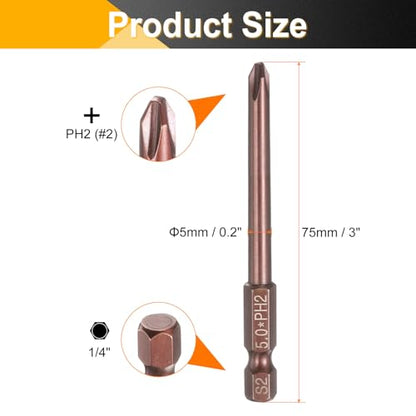 HARFINGTON 5pcs #2 Phillips Screwdriver Bit PH2 1/4" Hex Shank 3" (75mm) Long 0.2" Rod Magnetic Cross Head Drive Drill Bits S2 Steel Industrial Screw Driver Electric Power Tool, Brown - size: PH2 x 3" x 0.2"