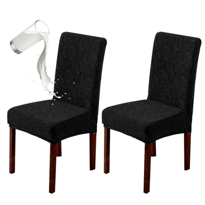 Waterproof Dining Room Chair Covers, Stretch Parsons Chair Slipcovers - color: Leaf Pattern-black, size: Regular-2 Pack