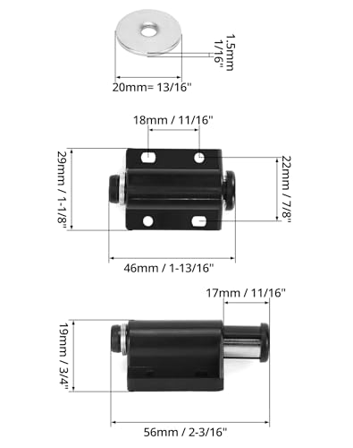 QWORK Magnetic Touch Latch -20 Pack Black Push-to-Open Magnetic Catches for Home Furniture, Glass & Wardrobe Doors, Single Round Magnetic Head - 56mm Extended Length with Mounting Screws