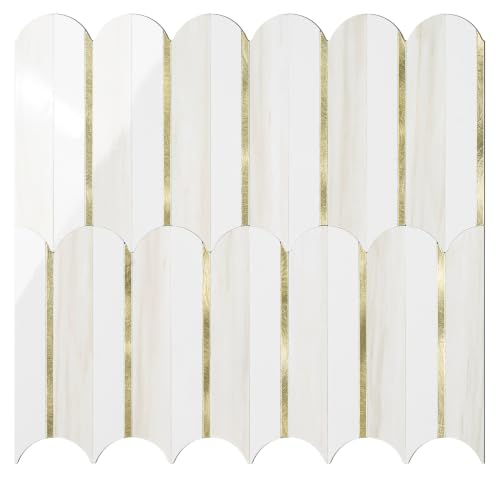 Vamos Tile Peel and Stick Backsplash Seamless Tile,Fish Scale,Glossy,10 pcs - color: White+ White Marble with Gold Veining +Light Gold