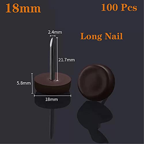 18mm Brown Nylon Furniture Sliders Nail On - Chair Leg Floor Protectors Nail - Nylon Chair Glides with Nail Brown Sliders Head, Chair, Table Leg Feet Protector Nail；Flat Bottom（Long Nail 100 Pcs） - size: 18mm（Long Nail）