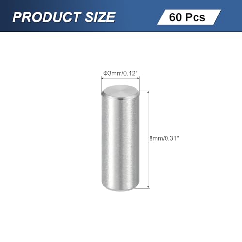 uxcell 60Pcs M3 x 8mm 304 Stainless Steel Dowel Pin, Cylindrical Shelf Support Peg Pin Parallel Pin Fastener for Mechanical Manufacturing, Industry, Furniture Installation, Silver - size: M3x8mm