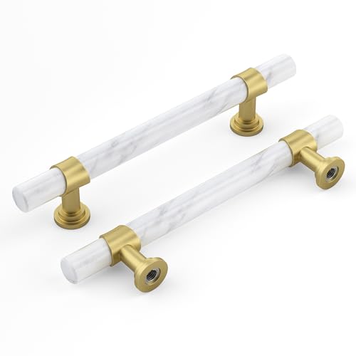 Rergy 10 Pack Cabinet Handles, White Marble & Matte Gold Pulls, 5" - color: White Marble & Matte Gold, size: 5 inch (128mm) Hole Center