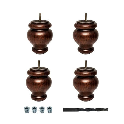 OUTWATER 5 in. H x 4 in. Dia Stained Cherry Solid Hardwood Bun Foot Leg for Furniture 4 Pack with 4 Free Insert Nuts and Drill Bit - color: Cherry
