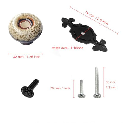 HUAMULAN 10 Pack Ceramic Knobs Leopard Dresser Cabinet Pulls with Backplate - color: HRJ1901-HeiBaoBai-10PACK