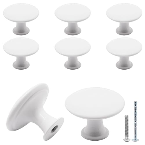 8 Pcs White Cabinet Knobs, Round Dresser Knob Kitchen Drawer Knobs, Single Hole Cupboard Door Knob Dresser Drawer Pulls Handles - color: White, size: 8 Pack
