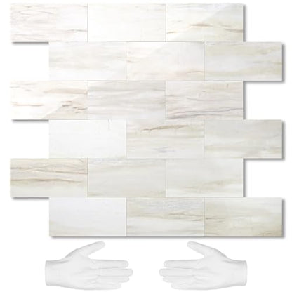 STICKGOO 10-Sheet Peel and Stick Backsplash on Subway Tile, Eurasia Biege - color: Polished Eurasia Pinkish-Biege Marble