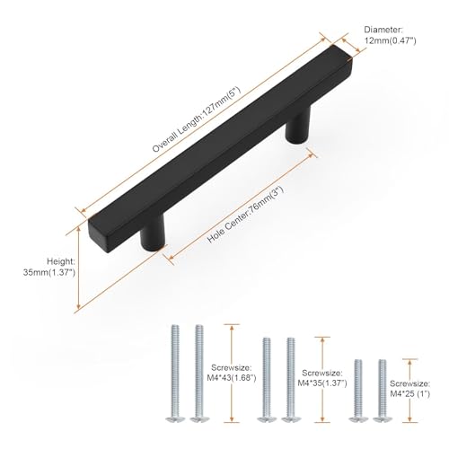 Probrico Matte Black Cabinet Handles & Pulls 3" Hole Centers Square 5 Pack - color: Black, size: Hole Center: 76mm(3inch)
