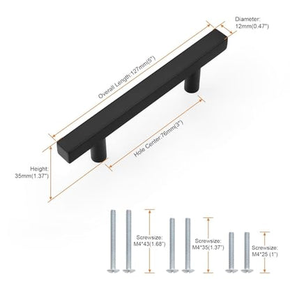 Probrico Matte Black Cabinet Handles & Pulls 3" Hole Centers Square 5 Pack - color: Black, size: Hole Center: 76mm(3inch)