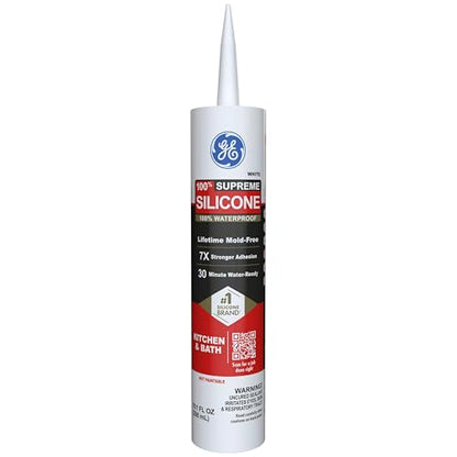 GE Supreme Silicone Caulk for Kitchen & Bathroom, White, 10 fl oz Cartridge, 12 Pack - 100% Waterproof Silicone Sealant, 7X Stronger Adhesion, Shrink & Crack Proof - color: White, size: Pack of 12