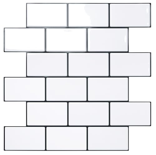 STICKGOO Subway Tile Peel and Stick Backsplash, Thicker Design 12" x 12" Stick on Backsplash Tiles for Kitchen, Bathroom, Wall Tile (1 Sheet, Cold White with Black Grout)