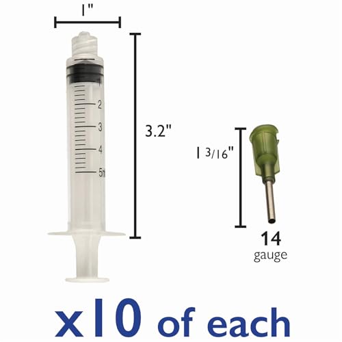 The Beadsmith Syringe & Needle Pack – 10 Plastic Syringes, 5CC Capacity – 10 14Gauge, Blunt Tip Needles – Luer Lock Style – For Measuring & Dispensing Liquids, Feeding Pets, Oil or Glue Applicator - size: 14 Gauge, 10 pcs.