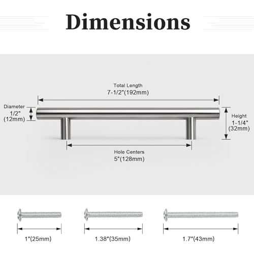Gobrico 5 Pack 5 Inch (128mm) Hole Centers Cabinet Handles, Brushed Nickel Cabinet Pulls, Stainless Steel Euro Style Kitchen Cabinet Handle, 7-1/2'' Overall Length Drawer Pull - color: Brushed Nickel, size: 5 Inch Hole Center